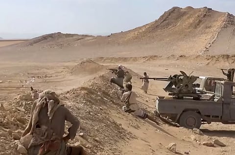 Iran-aligned Houthi fighters fire from their position in a screengrab from a video said to show Houthi fighters attacking Saudi-backed forces in the location given by the source as al Jawf governorate, Yemen, in this screengrab taken from a video released by Houthi Military Media on September 15, 2026. 