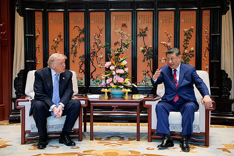 Chinese President Xi Jinping speaks during a meeting with US President Donald Trump on the sidelines of their visit to the Zhongnanhai Garden in Beijing, China, May 15, 2026.