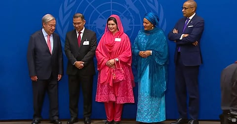 Prime Minister Tarique Rahman and his wife Dr Zubaida Rahman pose for a group photo with UN Secretary-General António Guterres and others at a breakfast reception at the UN headquarters in New York on Tuesday.
