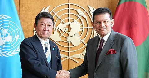Japanese Foreign Minister Motegi Toshimitsu shakes hands with UNGA President Dr Khalilur Rahman during a meeting in New York.