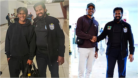 Farhaan Ali Wahid and Shamit Shome with national team manager Amirul Islam Babu at the airport.