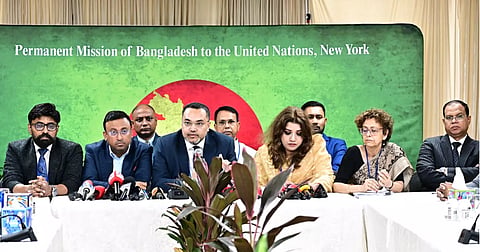 State Minister for Foreign Affairs Shama Obaed speaks to reporters at the Bangladesh Permanent Mission to the UN in New York.