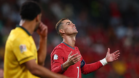 Cristiano Ronaldo looks disappointed after Portugal’s second goal against Wales was ruled out for offside following a VAR review.