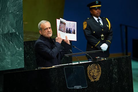 Iran's President Masoud Pezeshkian addresses the 81st United Nations General Assembly (UNGA) at UN headquarters in New York City, US, September 23, 2026. 