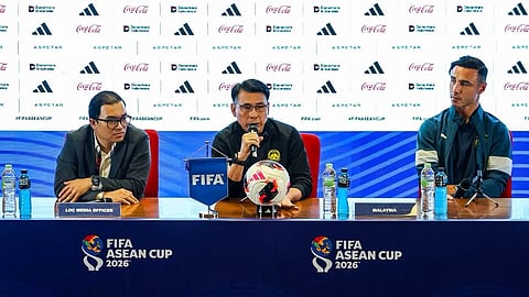 Malaysia head coach Tan Cheng Hoe (C) speaks during a pre-match press conference ahead of Friday's FIFA ASEAN Cup match against Bangladesh in Jakarta.