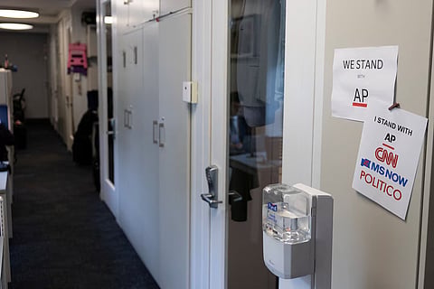 Signs hang in the media work area at the White House after US President Donald Trump banned three major news outlets – CNN, MS NOW and Politico from the White House, in Washington, DC, US, September 23, 2026