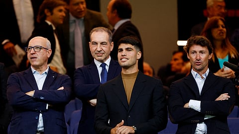 Carlos Alcaraz watches from the stands during Real Madrid vs Barcelona at Santiago Bernabeu in Madrid on 21 April 2024.