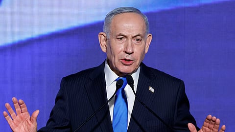 Israeli Prime Minister Benjamin Netanyahu speaks during a toast-raising event hosted by his Likud party, in Tel Aviv, Israel, September 17, 2026.