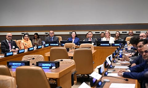 Prime Minister Tarique Rahman at the opening of a high-level side event at the United Nations headquarters. 