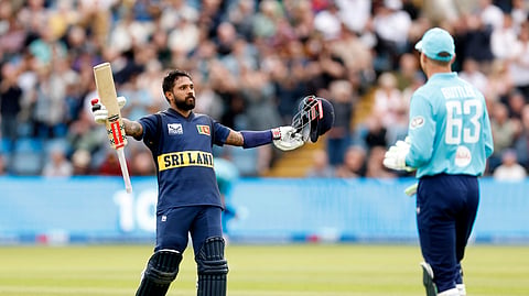 Sri Lanka’s Kusal Mendis celebrates after reaching his century against England.