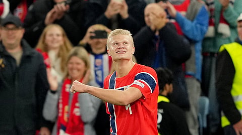 Norway’s Erling Haaland celebrates after scoring against Denmark.
