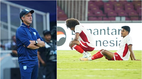 Hamza Choudhury (R) and Shekh Morsalin look dejected after the 3-0 defeat to Malaysia in their opening Group A match of the FIFA ASEAN Cup 2026 against Malaysia in Jakarta, Indonesia on Friday. Bangladesh head coach (L) Thomas Dooley looks on during the match.
