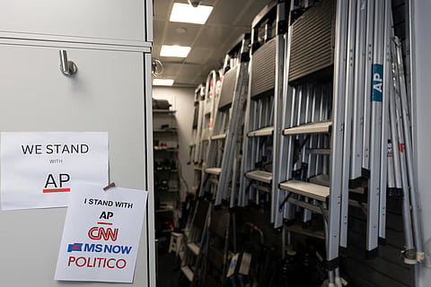 Signs hang in the media work area at the White House after CNN, MS NOW, and Politico were kicked off the White House grounds by US President Donald Trump, in Washington, DC, US, September 23, 2026.