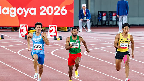 Bangladesh athlete Imranur Rahman during the 100m semifinal at the Asian Games 2026 on Friday.