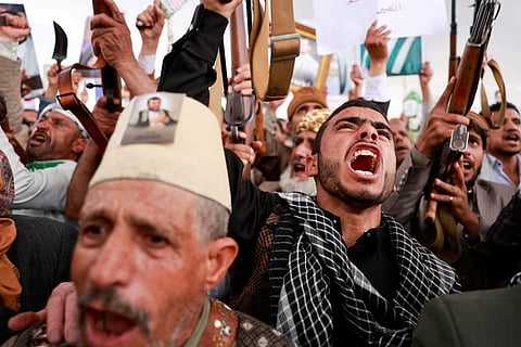 Houthi supporters shout slogans during an anti-Saudi rally amid an escalation with the kingdom, in Sanaa, Yemen, July 31, 2026