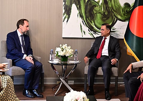 Prime Minister Tarique Rahman and International Peace Institute (IPI) President and Chief Executive Officer Zeid Ra’ad Al Hussein