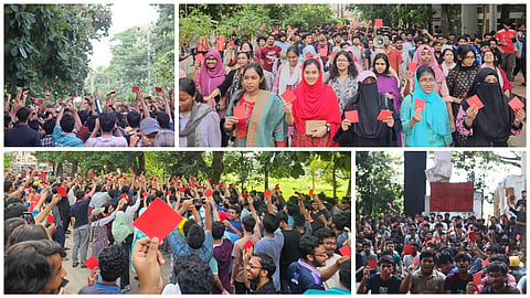 Students bring out a procession carrying red cards on September 26, 2026.