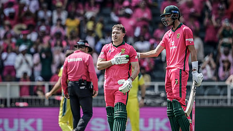 David Miller celebrates after scoring a century against Australia.