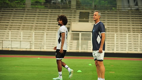 Bangladesh midfielder Hamza Choudhury and head coach Thomas Dooley.