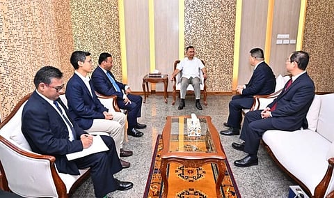 Prime Minister Tarique Rahman meets outgoing Chinese Ambassador Yao Wen at his office in Dhaka.