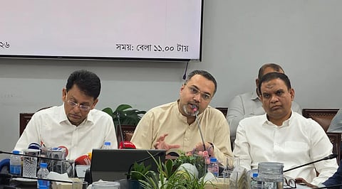 Prime Minister's Adviser for Education and Primary and Mass Education Mahdi Amin briefs journalists at the Secretariat in Dhaka on Monday.