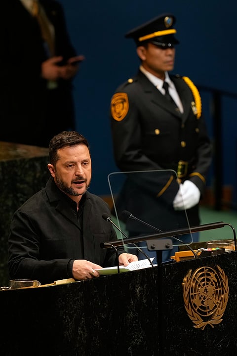 Ukraine's President Volodymyr Zelenskyy speaks during the 81st session of the United Nations General Assembly at United Nations headquarters, Wednesday, Sept 23, 2026.