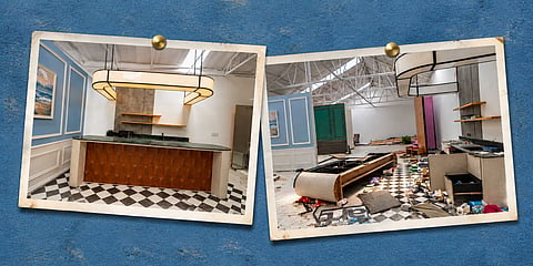Brownfish Studio before (left) and after the attack (right)