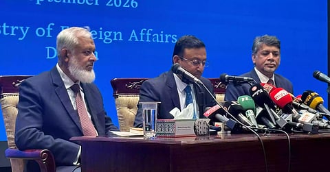 State Minister for Foreign Affairs Humaiun Kobir speaking to reporters at the Ministry of Foreign Affairs on September 28, 2026. 