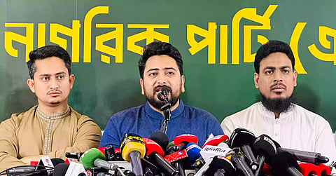 National Citizen Party (NCP) Convener Nahid Islam speaks at a press briefing following a meeting at the party office in the capital on Monday. 