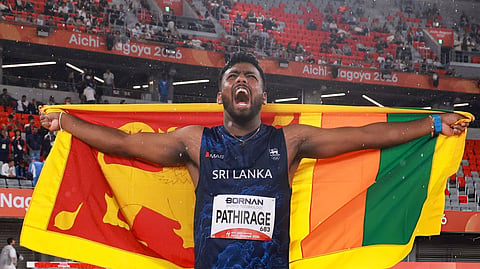 Sri Lanka's Rumesh Pathirage celebrates winning the men's javelin gold at the 2026 Asian Games in Nagoya.