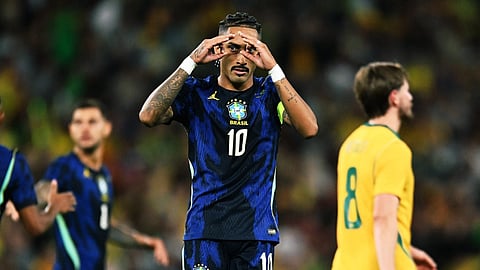 Brazil's Raphinha celebrates after scoring against Australia in the friendly.