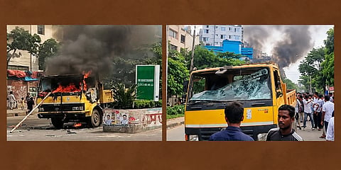 Vehicles are allegedly put on fire by the angry hawkers and local traders