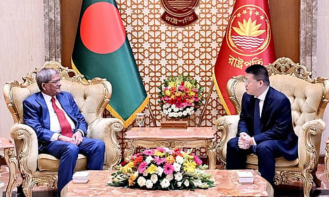 Chinese Ambassador to Bangladesh Yao Wen pays a farewell courtesy call on President Mirza Fakhrul Islam Alamgir at Bangabhaban on Wednesday.