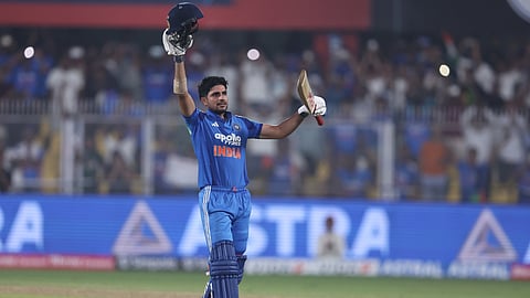 India captain Shubman Gill celebrates after completing his double hundred.