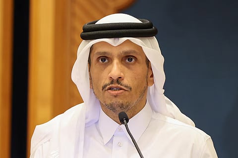 Qatar's Prime Minister and Foreign Minister Sheikh Mohammed Bin Abdulrahman al-Thani speaks at a joint press conference with the US secretary of state in Doha, Qatar, June 12, 2024