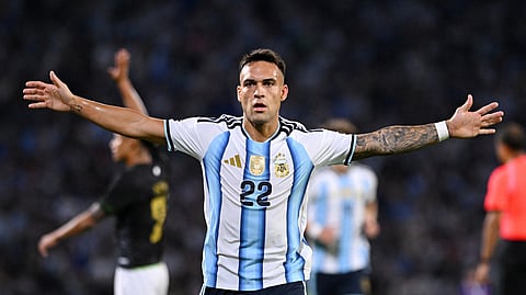 Argentina's Lautaro Martinez celebrates scoring their first goal.