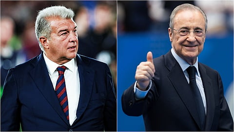 Barcelona president Joan Laporta (L) and Real Madrid president Florentino Perez.