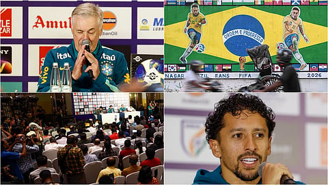 Images show Brazil captain Marquinhos and coach Ancelotti at a crowded press conference in Kolkata, alongside graffiti featuring Neymar and Raphinha ahead of their friendly against India.