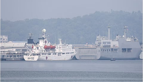 Myanmar Navy vessels UMS King Sin Phyu Shin and UMS Moattama, and Myanmar Navy hospital vessel Thanlwin, which will be used to pick up repatriated Myanmar nationals from Malaysia, are docked at the Lumut Naval Base in Lumut, Malaysia, September 29, 2026.