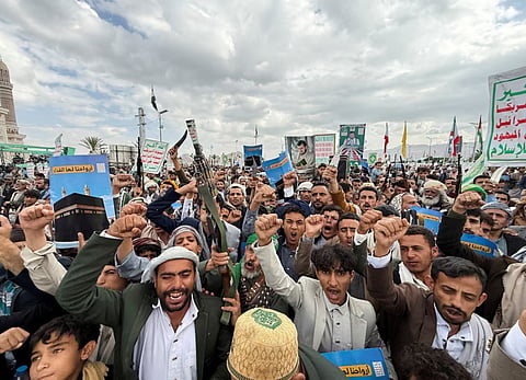 Houthi supporters rally to celebrate advances by Houthi forces along the Red Sea coastline, in Sanaa, Yemen, September 18, 2026. Picture taken with a mobile phone. 