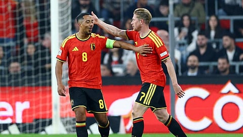 Belgium's Kevin de Bruyne (R) and Youri Tielmans.