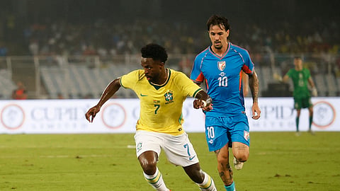 Brazil's Vinicius Junior in action with India's Ryan Williams.