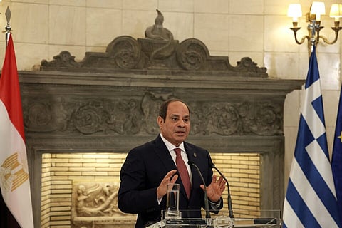 Egypt's President Abdel Fattah al-Sisi speaks during a press conference with Greek Prime Minister Kyriakos Mitsotakis at the Maximos Mansion, in Athens, Greece, May 7, 2025