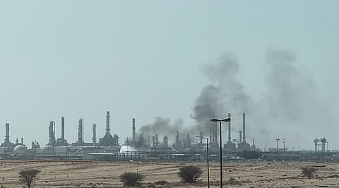 Smoke rises from a fire at the Aramco refinery south of Riyadh, Saudi Arabia, October 3, 2026.