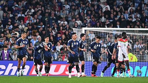 Argentina's Gianluca Prestianni celebrates with teammates after scoring his side's third goal against Burkina Faso at Estadio Monumental in Buenos Aires, Argentina.
