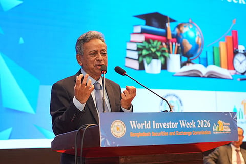Finance Minister Amir Khosru Mahmud Chowdhury speaks at the inauguration of World Investor Week 2026 in Dhaka on Sunday.