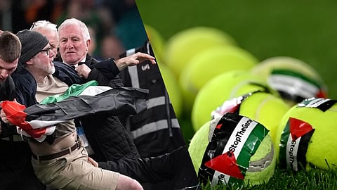 Pro-Palestinian protesters threw tennis balls bearing Palestinian flags onto the pitch to disrupt Ireland’s Nations League clash with Austria in Dublin.