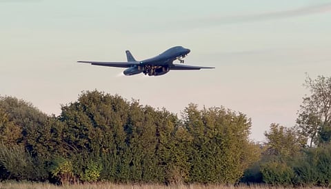 A B-1 bomber takes off from RAF Fairford airbase, as the US removes its B-1 bombers one week after several men were arrested on suspicion of offences under the Explosives Act, in this screengrab obtained from a social media video in Fairford, Gloucestershire, Britain October 4, 2026.