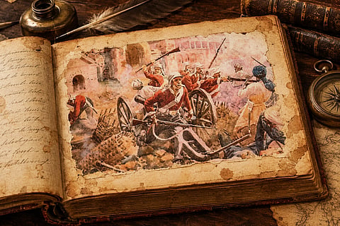 An illustration depicting armed resistance against colonial forces in Bengal during the period of the Sannyasi-Fakir rebellion