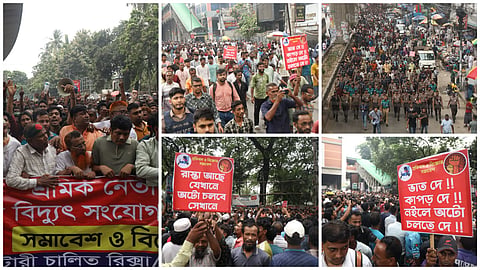 Battery-run rickshaw drivers staged a protest in front of the National Press Club in Dhaka on Monday (5 October)